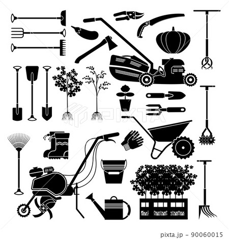 Garden items. Household agriculture equipment collection. Isolated sprinkler and rake. Flowerpot with seedlings and grass. Black hoe and wheelbarrow. Lawn mower. Vector gardening tools silhouette set 90060015