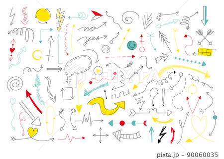 Doodle arrows. Abstract line pointers. Way direction and cycle minimal signs. Curve dotted cursor. Isolated black or color symbols. Navigation symbols. Spiral or zigzag. Vector pencil sketch icons set Doodle arrows. Abstract line pointers. Way direction and cycle minimal signs. Curve dotted cursor. Isolated black or color symbols. Navigation symbols. Spiral or zigzag. Vector pencil sketch icons set 90060035