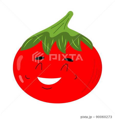 Cute happy tomato vegetable kawaii character. Colorful design for cards, banners, shopping bag, t-shirt, apparel, clothes,. Funny doodle style emoticons. Flat icon isolated on white background. 90060273
