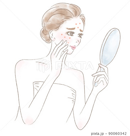 ニキビに悩む若い女性の上半身イラスト ニキビに悩む若い女性の上半身イラスト 90060342