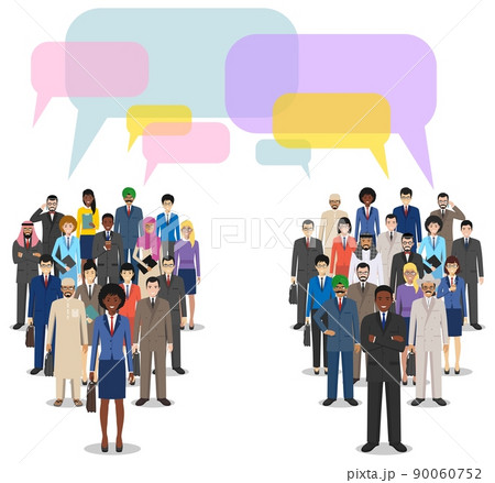 Group of men businessmen standing together and speech bubbles on white background in flat style. Business team and teamwork. Different nationalities and dress styles. Concept of the opinion poll. 90060752