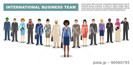 Group of business men and women, working people standing together on white background. Business team and teamwork concept. Different nationalities and dress styles. Flat design people characters. 90060795