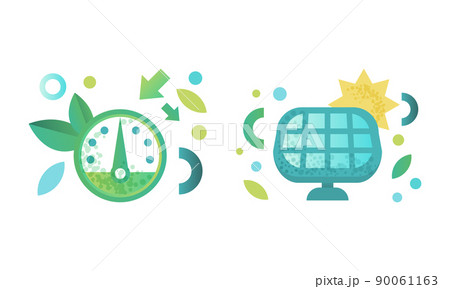 Green Ecology Flat Icon and Eco-friendly Environmental Symbol with Solar Panel Vector Set 90061163