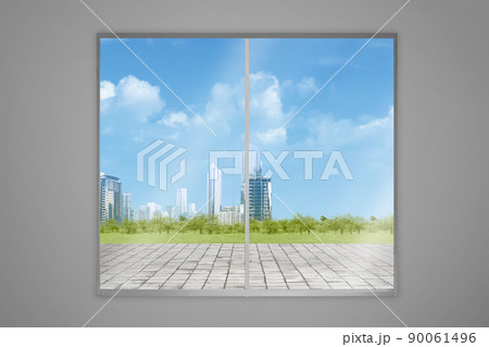 Room with skyscrapers and blue sky view from the window glass Room with skyscrapers and blue sky view from the window glass 90061496