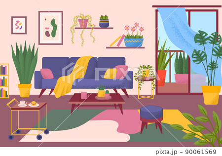 Cartoon Color Modern Living Room Interior Inside Concept Flat Design Style Include of Furniture and Plant. Vector illustration of Apartment Cartoon Color Modern Living Room Interior Inside Concept Flat Design Style Include of Furniture and Plant. Vector illustration of Apartment 90061569