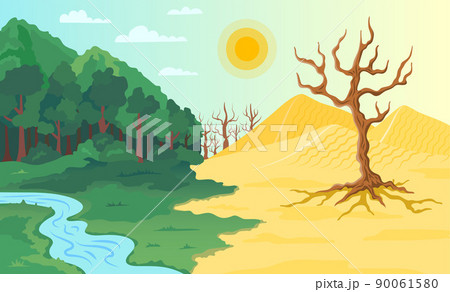 Cartoon Color Climate Change Landscape Scene Concept Flat Design Style. Vector illustration of Ecology Problem and Drought Earth Cartoon Color Climate Change Landscape Scene Concept Flat Design Style. Vector illustration of Ecology Problem and Drought Earth 90061580