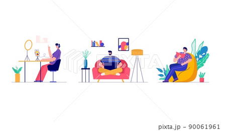 Modern people playing reading book, working freelance, gaming. Set of characters enjoying their hobbies, work, leisure. Vector illustration in flat cartoon style. Modern people playing reading book, working freelance, gaming. Set of characters enjoying their hobbies, work, leisure. Vector illustration in flat cartoon style. 90061961