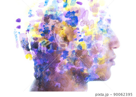 Paintography. Colorful paint splatters combined with a portrait of a man Paintography. Colorful paint splatters combined with a portrait of a man 90062395
