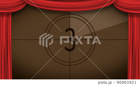 カーテンが開く カウントダウン（3）　スクリーン：こげ茶 カーテン：赤 90063921