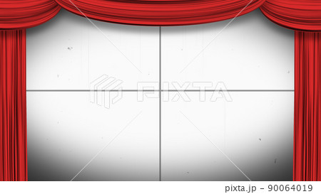 カーテンが開く背景　スクリーン：白黒 カーテン：赤 90064019