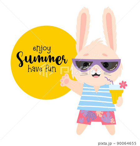 Cute summer hare in sunglasses with cocktail. Vector illustration. Card with tropical tourist rabbit character and slogan - enjoy summer have fun. For flyers, postcards, advertising, travel brochures. Cute summer hare in sunglasses with cocktail. Vector illustration. Card with tropical tourist rabbit character and slogan - enjoy summer have fun. For flyers, postcards, advertising, travel brochures. 90064655