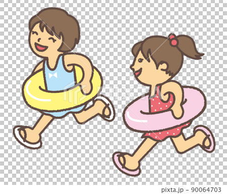 女孩們穿著泳衣帶著浮環快樂地奔跑 90064703