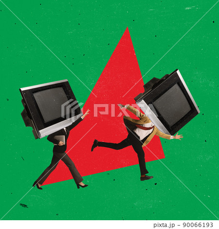 Contemporary art collage. Man and woman with retro TV head running away from each other to escpae disinformation isolated over green background 90066193