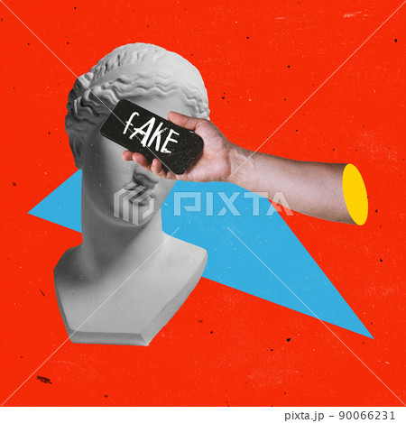 Contemporary art collage. Antique statue bust and phone screen covering eyes with fake news lettering 90066231