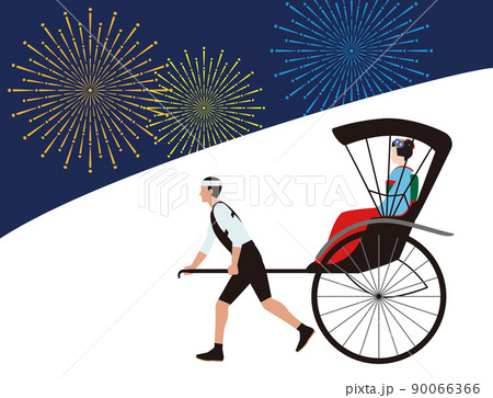 夏、花火と人力車と和服の女性.和風イラスト 90066366