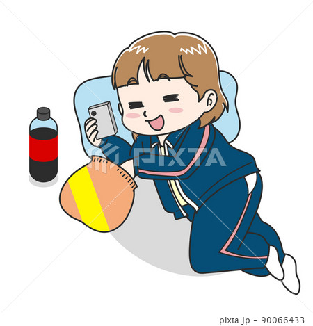 寝ながらスナック菓子を食べてスマホを見る女性のイラスト 90066433