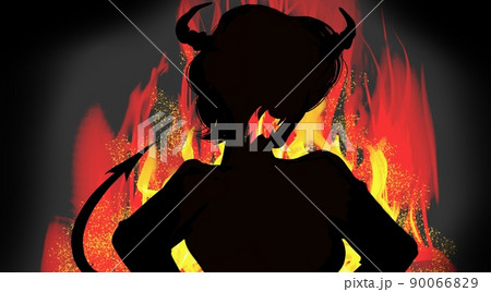 ラメラ燃える赤い炎と怒鳴る悪魔コスプレ妻の白黒切り絵風シルエットイラストのイラスト素材