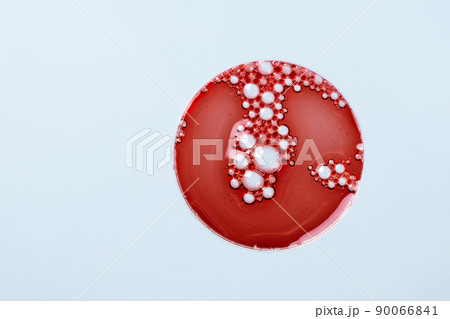 Abstract petri dish with cosmetic or medical liquid on blue background top view. Science cosmetic laboratory concept. 90066841