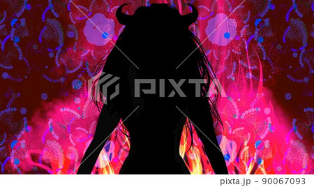 メラメラ燃える赤い炎と悪魔コスプレ妻の白黒切り絵風シルエットのイラスト素材