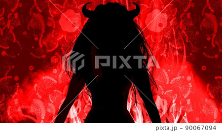 メラメラ燃える赤い炎と悪魔コスプレ妻の白黒切り絵風シルエットのイラスト素材