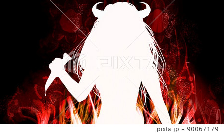 メラメラ燃える赤い炎とナイフを持つ悪魔コスプレ妻の白黒切り絵風シルエット 90067179
