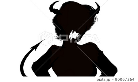 ツノとしっぽの生えた悪魔コスプレ妻の白黒切り絵風シルエットイラストのイラスト素材