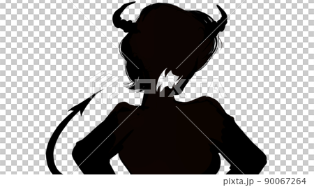 Black-and-white paper-cut silhouette illustration of a devil cosplay wife with a tsuno and a tail Black-and-white paper-cut silhouette illustration of a devil cosplay wife with a tsuno and a tail 90067264