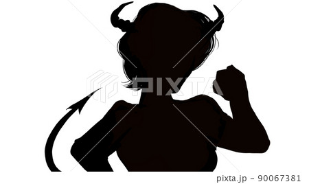 ツノとしっぽの生えた悪魔コスプレ妻の鉄拳白黒切り絵風シルエットイラスト ツノとしっぽの生えた悪魔コスプレ妻の鉄拳白黒切り絵風シルエットイラスト 90067381