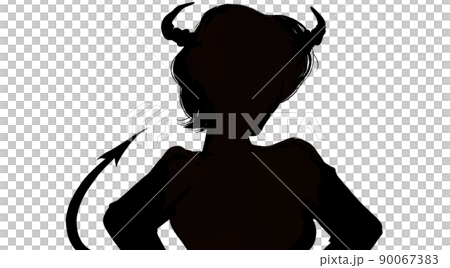 Black-and-white paper-cut silhouette illustration of a devil cosplay wife with a tsuno and a tail Black-and-white paper-cut silhouette illustration of a devil cosplay wife with a tsuno and a tail 90067383