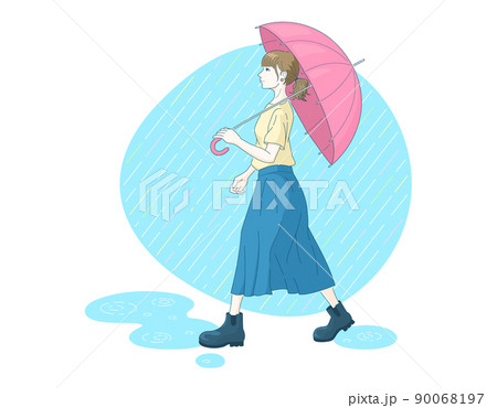 雨の日に傘をさして外出する女性のイラスト ポジティブなイメージ 梅雨 全身 のイラスト素材