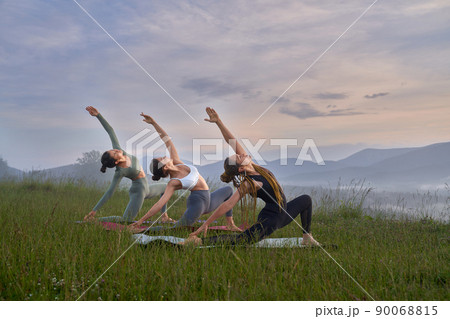 Fitness young women in activewear having workout during free time on fresh air. Sporty females training regularly outdoors. Body care concept. 90068815