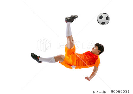 Professional football, soccer player in motion isolated on white studio background. Concept of sport, match, active lifestyle, goal and hobby Professional football, soccer player in motion isolated on white studio background. Concept of sport, match, active lifestyle, goal and hobby 90069051