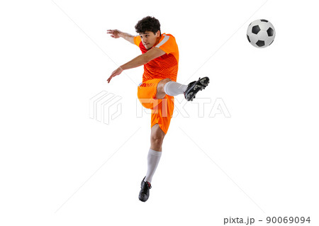 Professional football, soccer player in motion isolated on white studio background. Concept of sport, match, active lifestyle, goal and hobby Professional football, soccer player in motion isolated on white studio background. Concept of sport, match, active lifestyle, goal and hobby 90069094