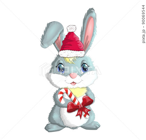Cute cartoon bunny wearing santa hat with candy kane. Winter 2023, Christmas and New Year. Cute cartoon bunny wearing santa hat with candy kane. Winter 2023, Christmas and New Year. 90069544