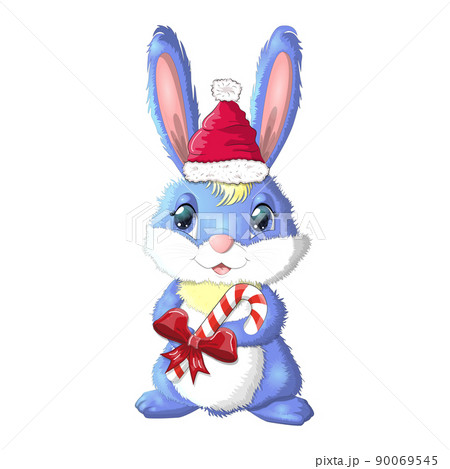 Cute cartoon bunny wearing santa hat with candy kane. Winter 2023, Christmas and New Year. Cute cartoon bunny wearing santa hat with candy kane. Winter 2023, Christmas and New Year. 90069545