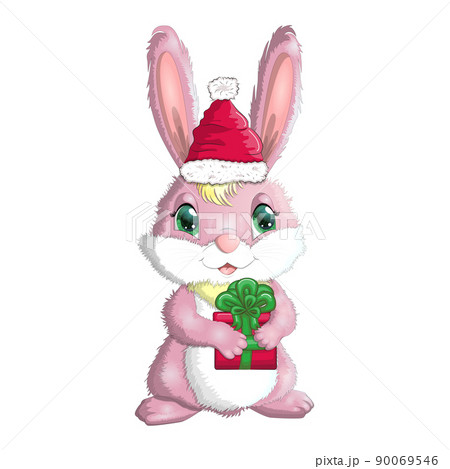 Cute cartoon rabbit in santa hat with a gift. Winter 2023, Christmas and New Year. 90069546
