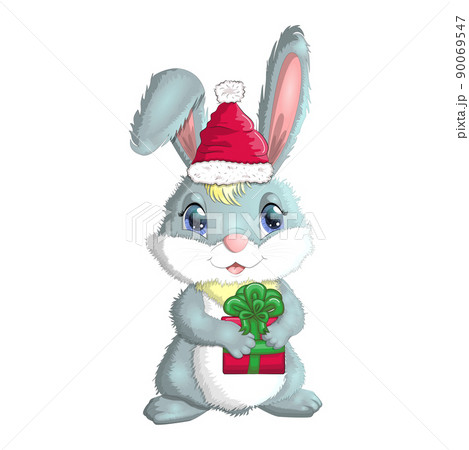 Cute cartoon rabbit in santa hat with a gift. Winter 2023, Christmas and New Year. 90069547