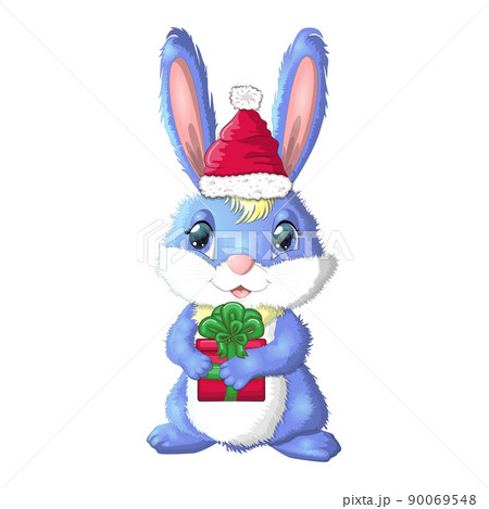 Cute cartoon rabbit in santa hat with a gift. Winter 2023, Christmas and New Year. 90069548