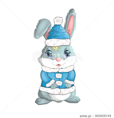 Cute cartoon rabbit in a hat and fur coat, scarf. Winter 2023, Christmas and New Year. 90069549