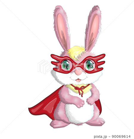 Cartoon rabbit, hare superhero in red cloak and mask. Cute childish character, Easter, spring, symbol of 2023 Chinese New Year 90069614