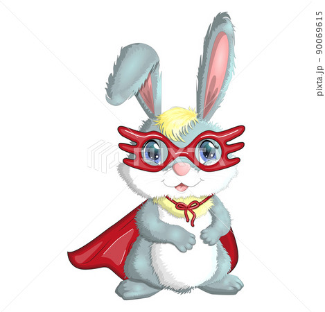 Cartoon rabbit, hare superhero in red cloak and mask. Cute childish character, Easter, spring, symbol of 2023 Chinese New Year 90069615