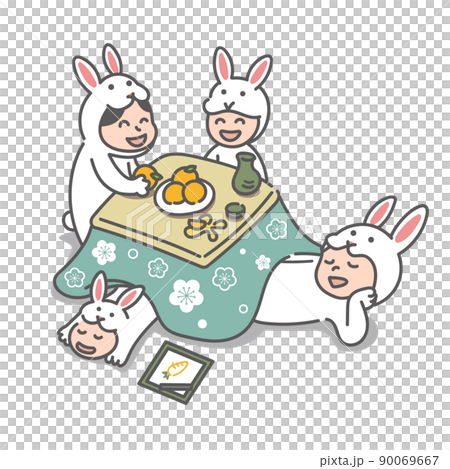A family of four wearing a rabbit costume to relax with a kotatsu (New Year's card for the year of the rabbit in 2023) A family of four wearing a rabbit costume to relax with a kotatsu (New Year's card for the year of the rabbit in 2023) 90069667