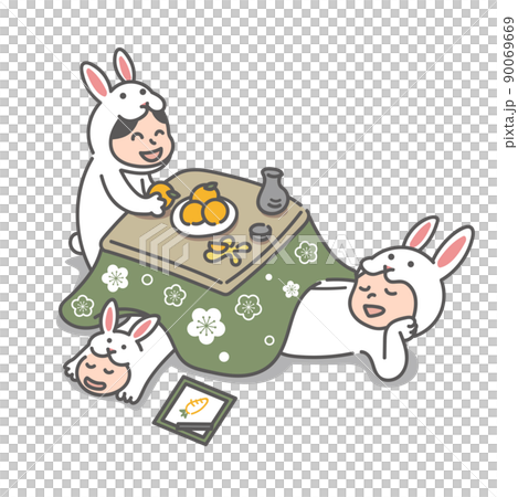 A family of three wearing a rabbit costume to relax with a kotatsu (New Year's card for the year of the rabbit in 2023) A family of three wearing a rabbit costume to relax with a kotatsu (New Year's card for the year of the rabbit in 2023) 90069669
