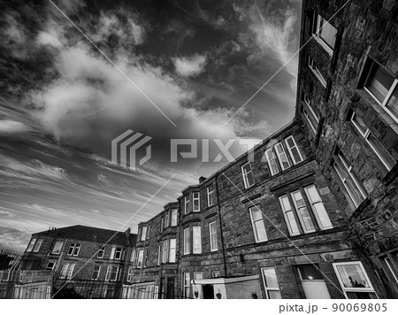 Rear View Of Scottish Tenement Buildings, Black And White. Rear View Of Scottish Tenement Buildings, Black And White. 90069805