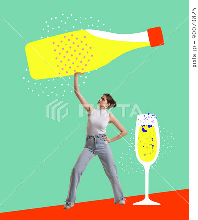 Contemporary art collage. Inspiration, idea, trendy urban magazine style. Young girl raising huge drawn wine bottle over her head isolated on bright background 90070825