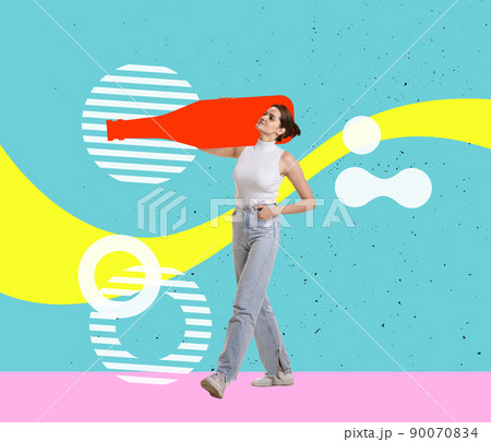 Contemporary art collage. Inspiration, idea, trendy urban magazine style. Young girl carries huge drawn wine bottle on her shoulders isolated on abstract background. Contemporary art collage. Inspiration, idea, trendy urban magazine style. Young girl carries huge drawn wine bottle on her shoulders isolated on abstract background. 90070834