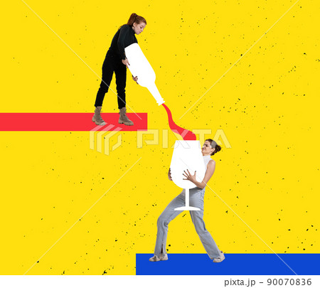 Contemporary art collage. Inspiration, idea, trendy urban magazine style. Young girls making cocktail for alcohol party, having fun isolated on bright yellow background 90070836