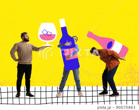 Contemporary art collage. Inspiration, idea, trendy urban magazine style. Young people going to alcohol party, drinking wine, having fun Contemporary art collage. Inspiration, idea, trendy urban magazine style. Young people going to alcohol party, drinking wine, having fun 90070863