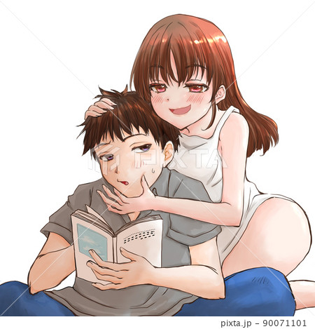 本を読んでいる男性にちょっかいをかける女性 90071101