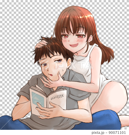 本を読んでいる男性にちょっかいをかける女性 90071101